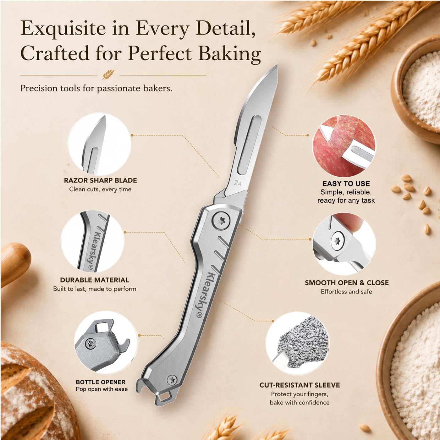 Premium Bread Lame, Stainless Steel Sourdough Scoring Tool with Foldable Safe Design, Bread Dough Scoring Knife with 5 Replacement Blades