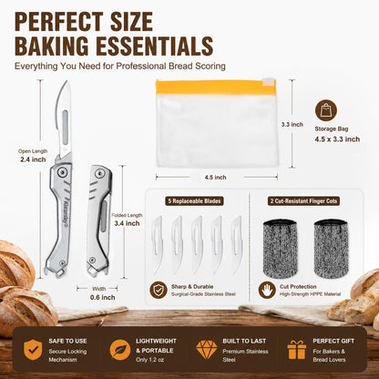 Premium Bread Lame, Stainless Steel Sourdough Scoring Tool with Foldable Safe Design, Bread Dough Scoring Knife with 5 Replacement Blades
