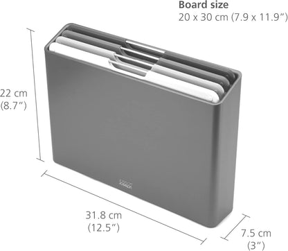 Folio 4-Piece Colour coded Cutting Board Set, Slimline case for organized Kitchen storage, Graphite