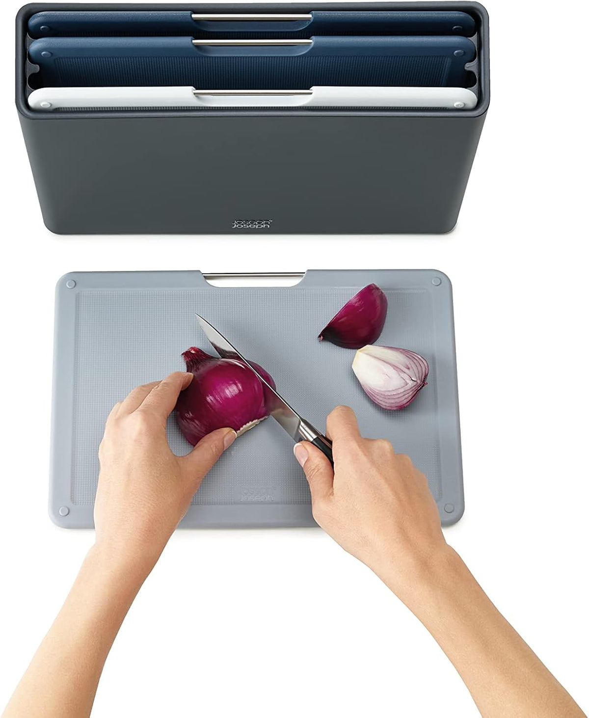 Folio 4-Piece Colour coded Cutting Board Set, Slimline case for organized Kitchen storage, Graphite