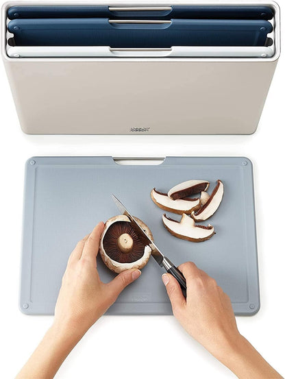 Folio 4-Piece Colour coded Cutting Board Set, Slimline case for organized Kitchen storage, Graphite
