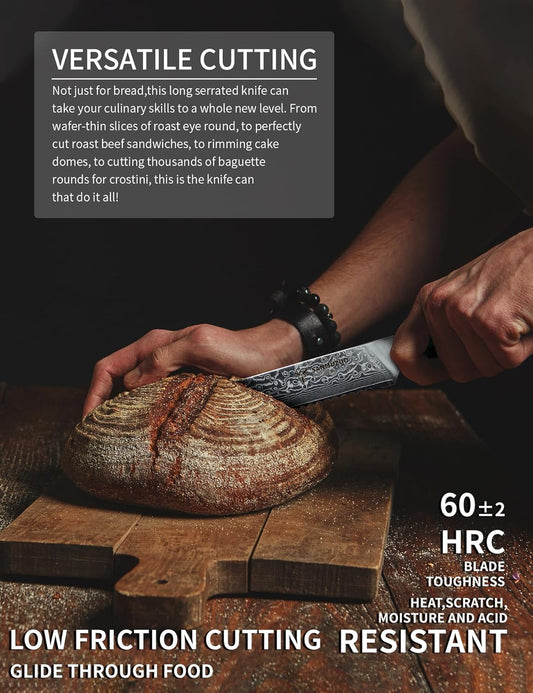 8” Bread Knife Serrated Kitchen Chef Knife - Damascus Steel & Resin Handle - Xuan Series (Jade Green)