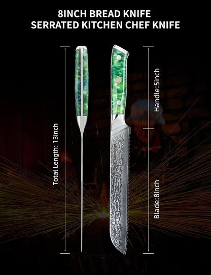 8” Bread Knife Serrated Kitchen Chef Knife - Damascus Steel & Resin Handle - Xuan Series (Jade Green)
