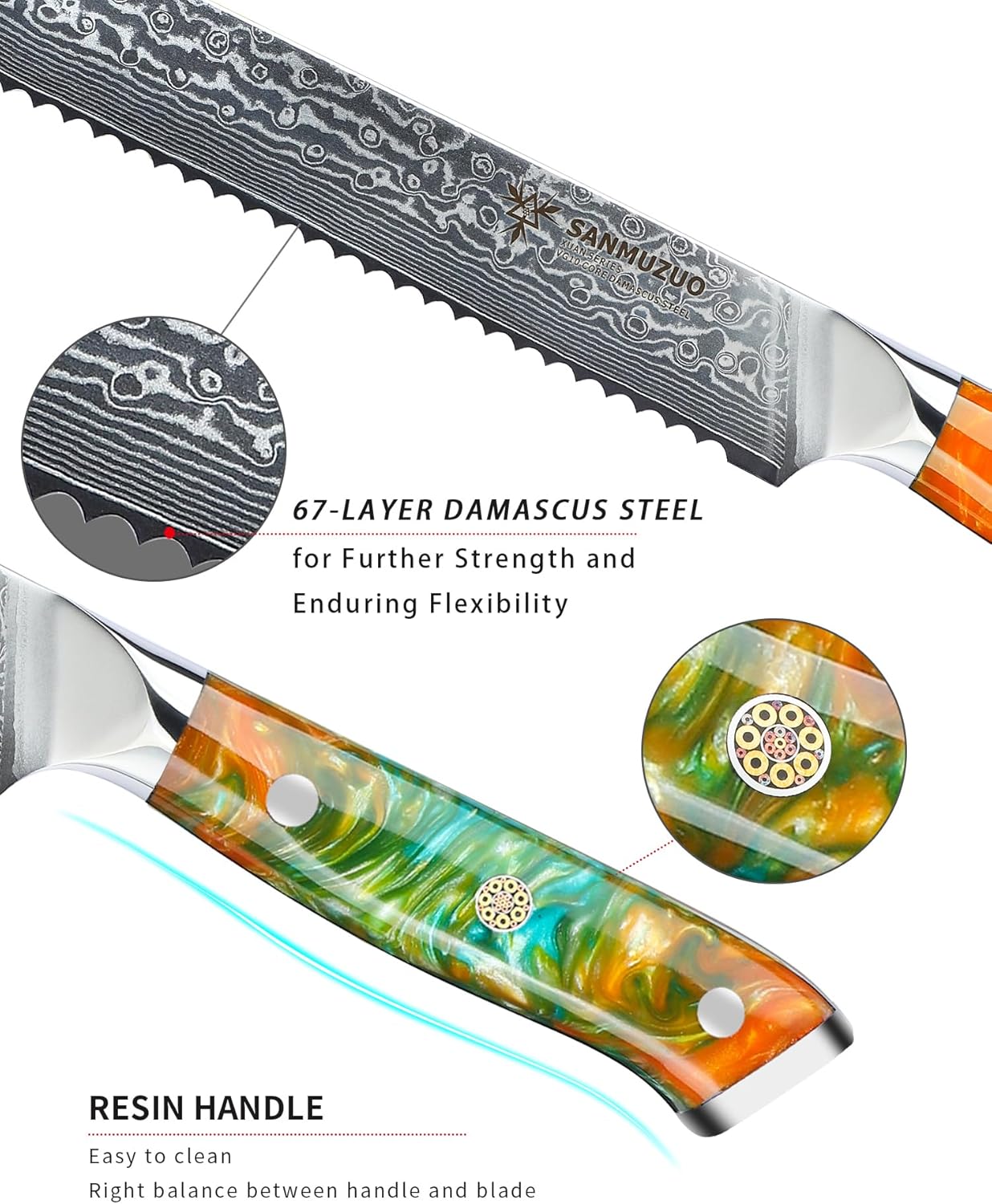 8” Bread Knife Serrated Kitchen Chef Knife - Damascus Steel & Resin Handle - Xuan Series (Jade Green)
