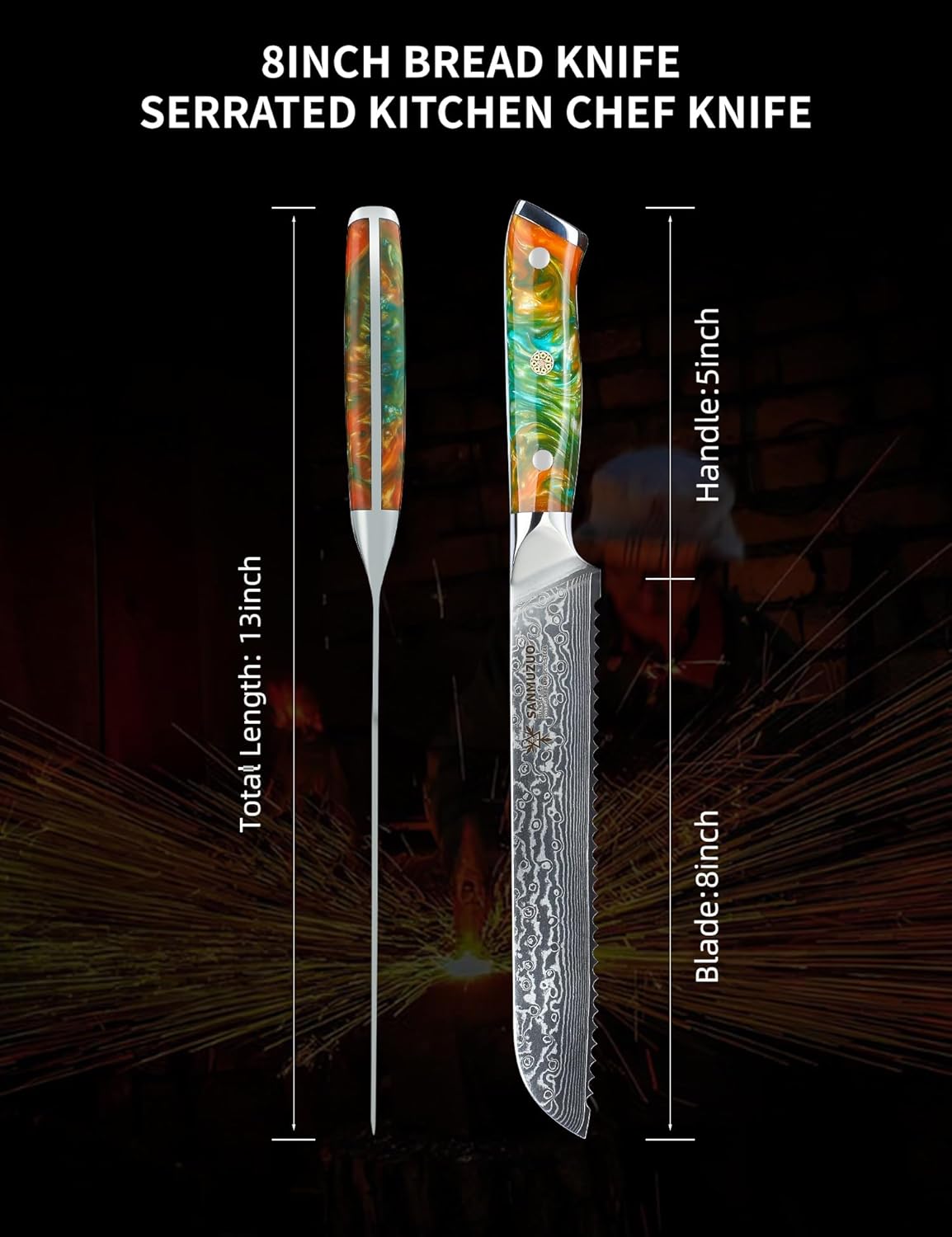 8” Bread Knife Serrated Kitchen Chef Knife - Damascus Steel & Resin Handle - Xuan Series (Jade Green)