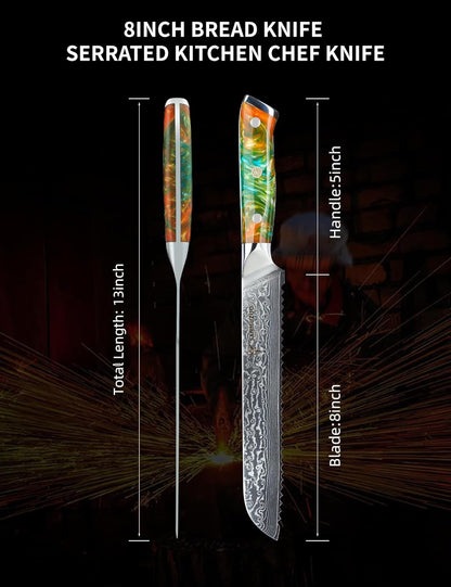 8” Bread Knife Serrated Kitchen Chef Knife - Damascus Steel & Resin Handle - Xuan Series (Jade Green)