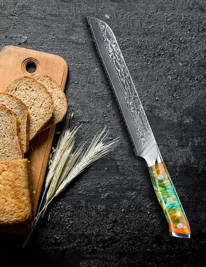 8” Bread Knife Serrated Kitchen Chef Knife - Damascus Steel & Resin Handle - Xuan Series (Jade Green)
