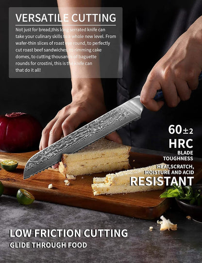 8” Bread Knife Serrated Kitchen Chef Knife - Damascus Steel & Resin Handle - Xuan Series (Jade Green)