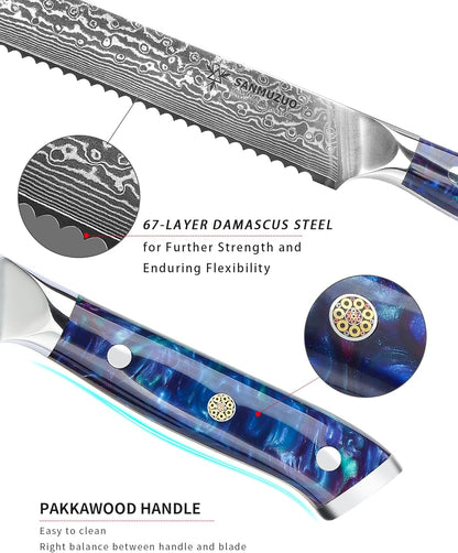8” Bread Knife Serrated Kitchen Chef Knife - Damascus Steel & Resin Handle - Xuan Series (Jade Green)