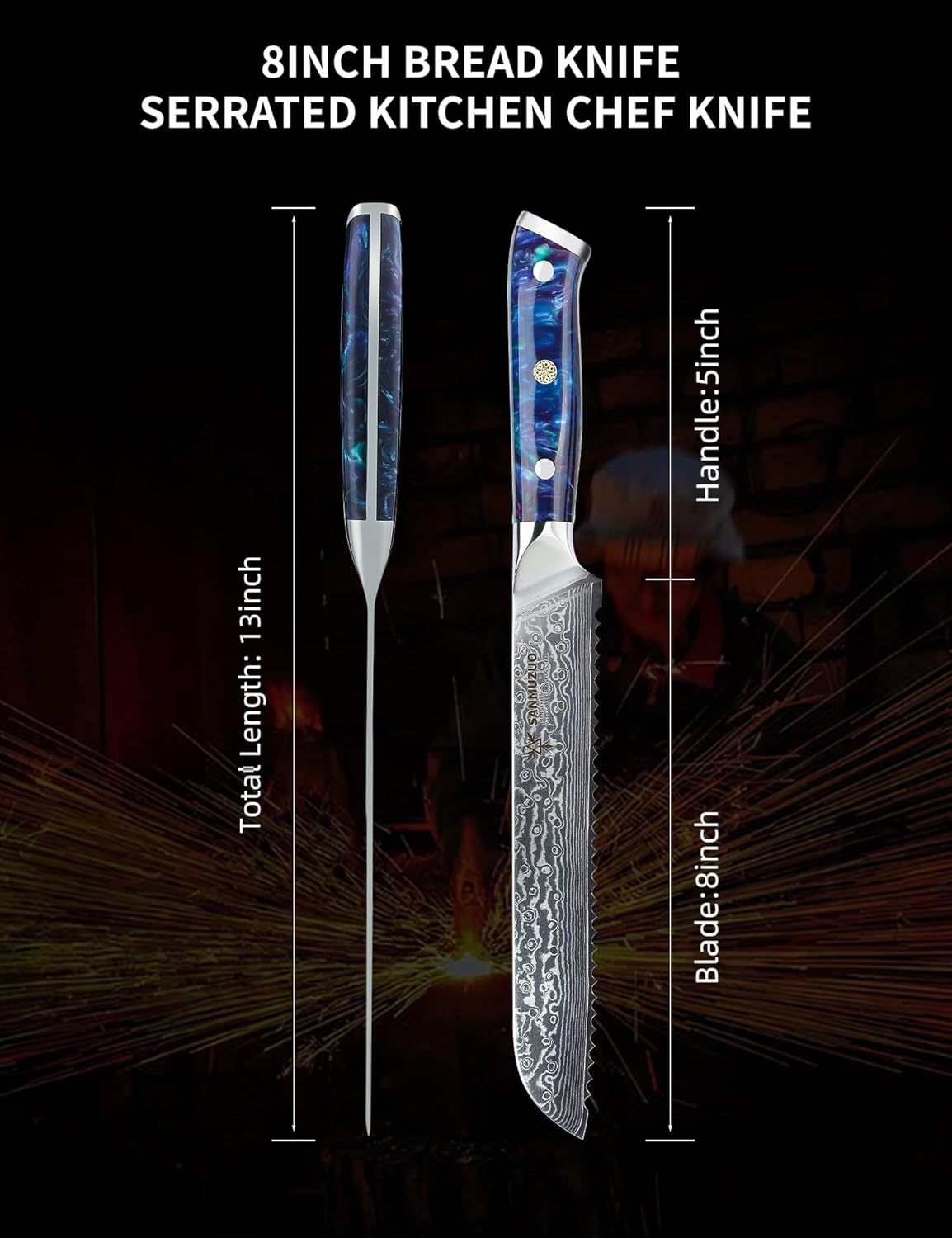 8” Bread Knife Serrated Kitchen Chef Knife - Damascus Steel & Resin Handle - Xuan Series (Jade Green)