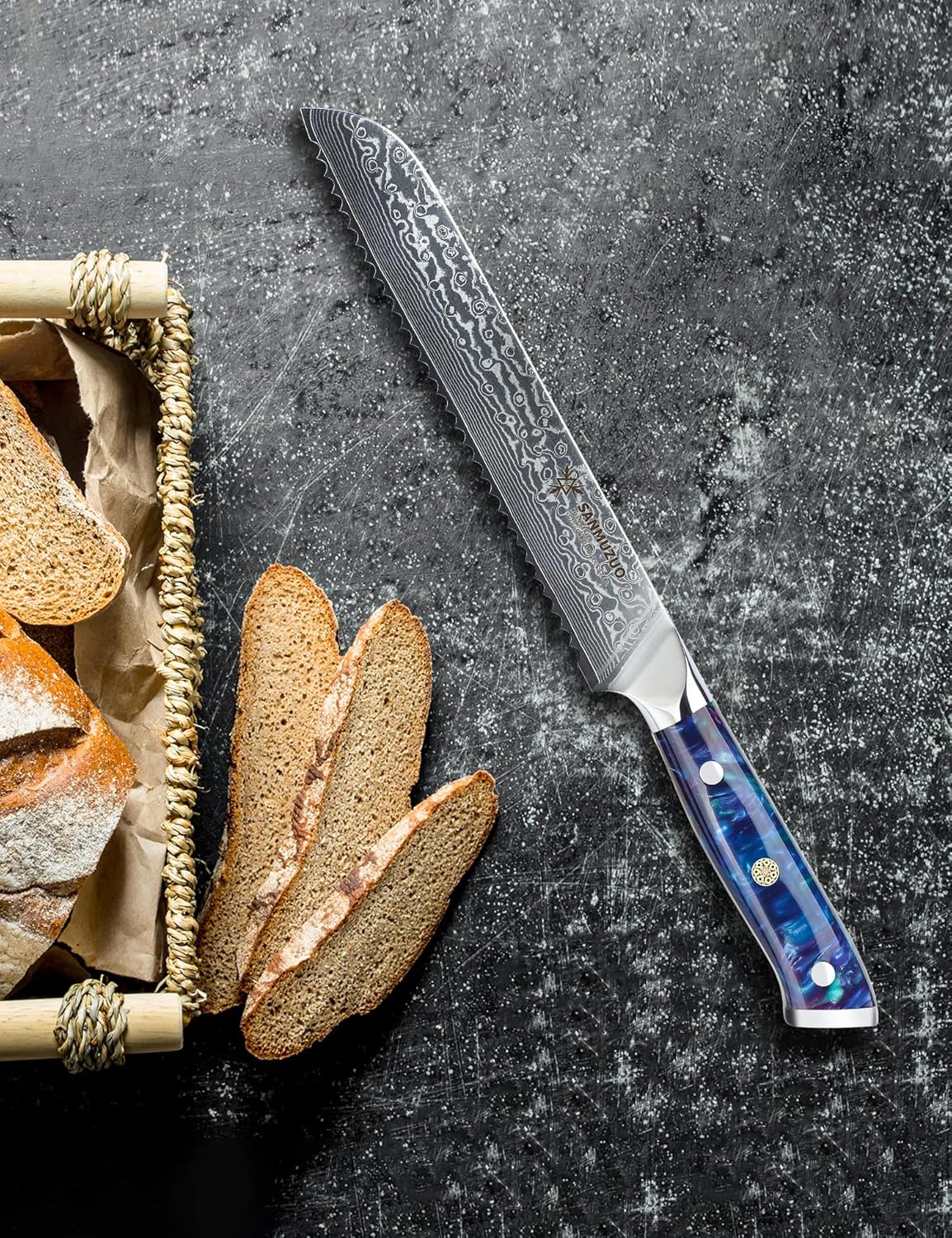 8” Bread Knife Serrated Kitchen Chef Knife - Damascus Steel & Resin Handle - Xuan Series (Jade Green)
