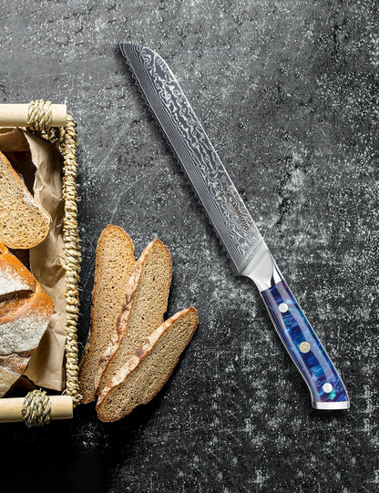 8” Bread Knife Serrated Kitchen Chef Knife - Damascus Steel & Resin Handle - Xuan Series (Jade Green)