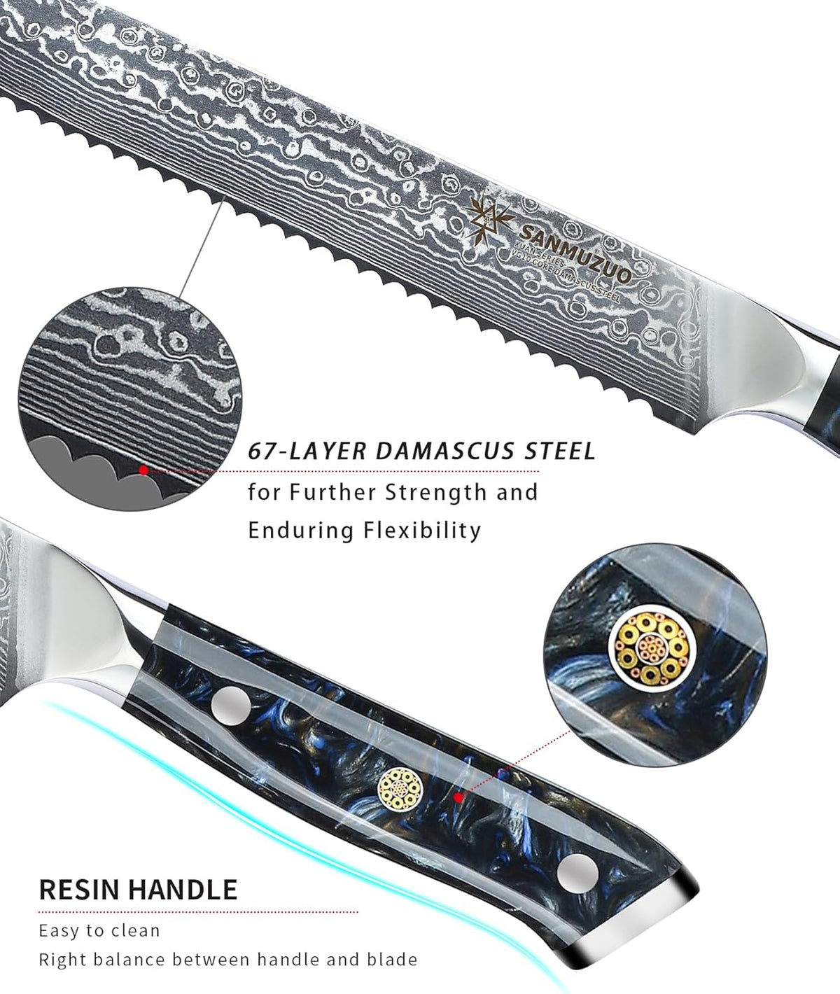 8” Bread Knife Serrated Kitchen Chef Knife - Damascus Steel & Resin Handle - Xuan Series (Jade Green)