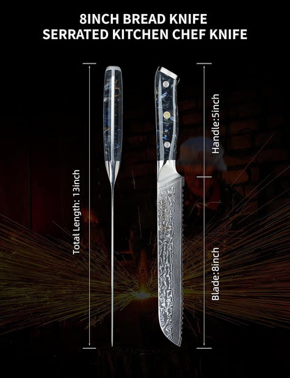 8” Bread Knife Serrated Kitchen Chef Knife - Damascus Steel & Resin Handle - Xuan Series (Jade Green)