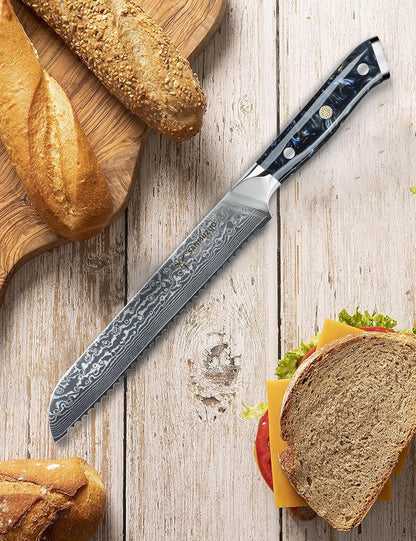 8” Bread Knife Serrated Kitchen Chef Knife - Damascus Steel & Resin Handle - Xuan Series (Jade Green)