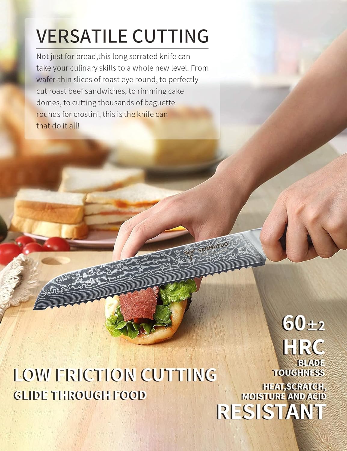 8” Bread Knife Serrated Kitchen Chef Knife - Damascus Steel & Resin Handle - Xuan Series (Jade Green)