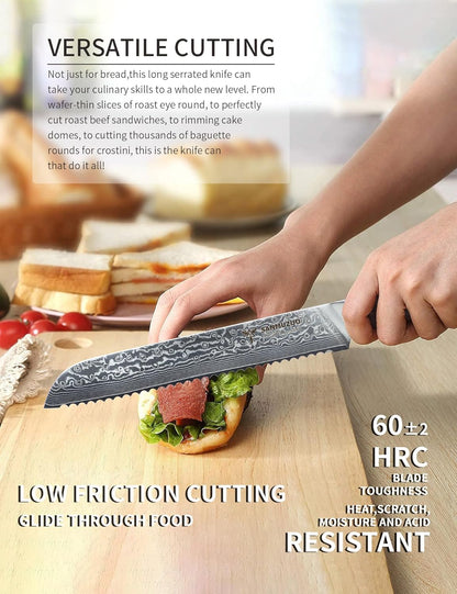 8” Bread Knife Serrated Kitchen Chef Knife - Damascus Steel & Resin Handle - Xuan Series (Jade Green)