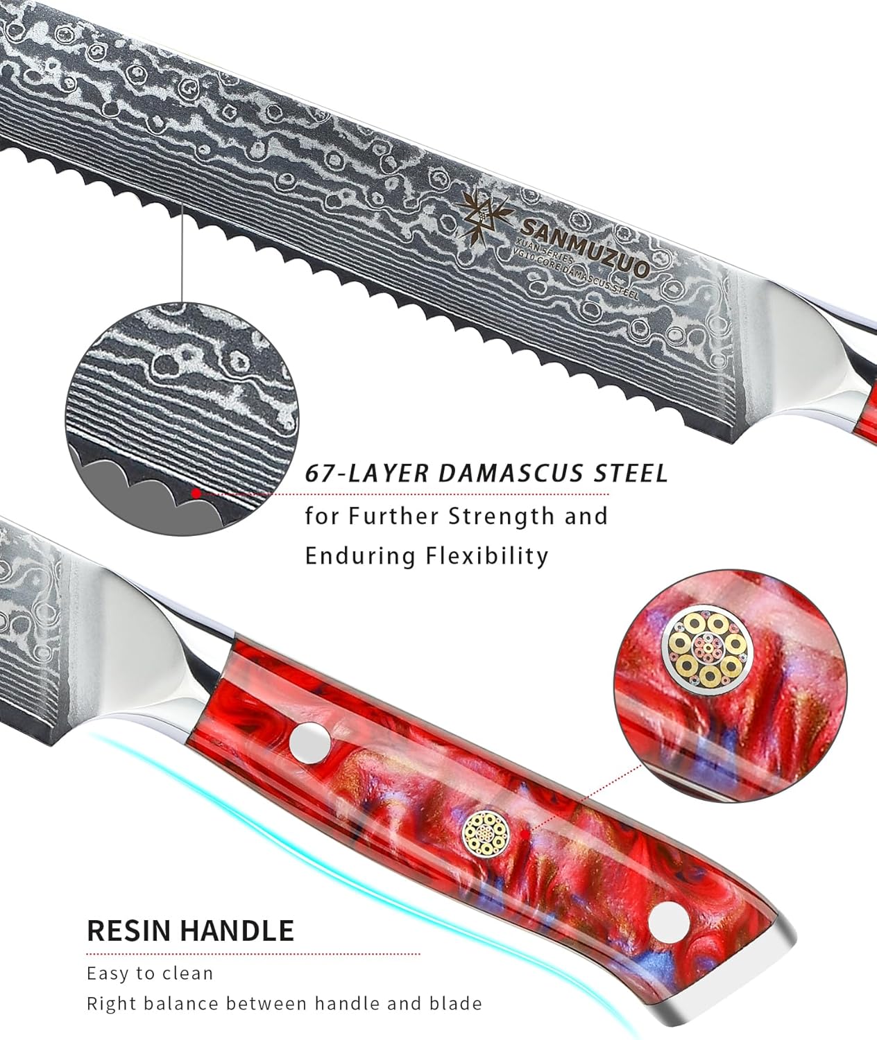 8” Bread Knife Serrated Kitchen Chef Knife - Damascus Steel & Resin Handle - Xuan Series (Jade Green)