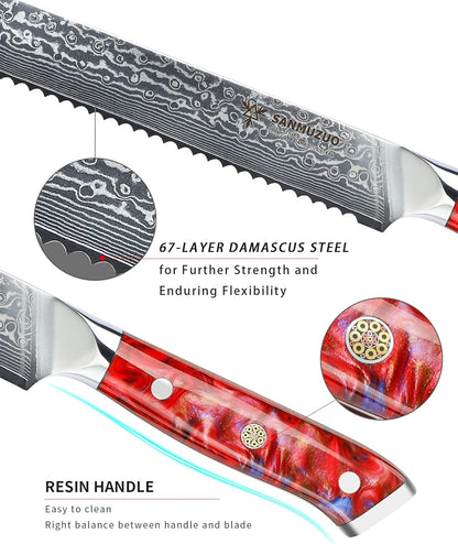 8” Bread Knife Serrated Kitchen Chef Knife - Damascus Steel & Resin Handle - Xuan Series (Jade Green)