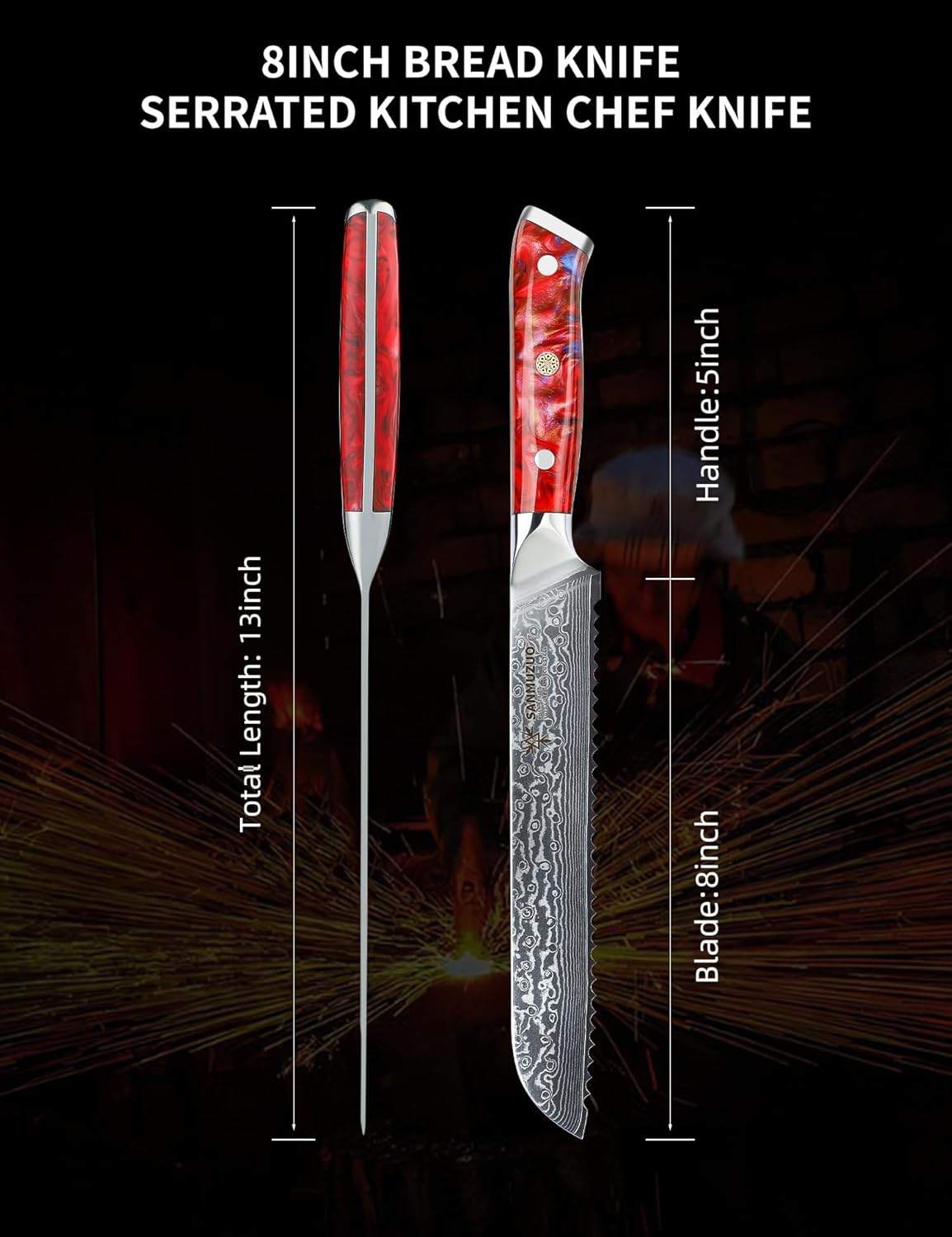 8” Bread Knife Serrated Kitchen Chef Knife - Damascus Steel & Resin Handle - Xuan Series (Jade Green)