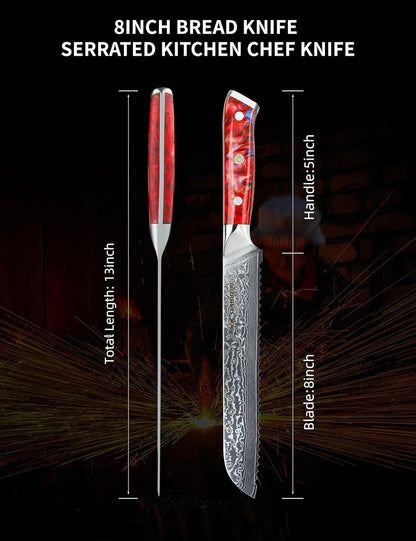 8” Bread Knife Serrated Kitchen Chef Knife - Damascus Steel & Resin Handle - Xuan Series (Jade Green)
