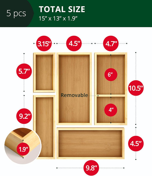 5-Piece Bamboo Drawer Organizer Set – Multi-Use Storage Trays for Kitchen, Bathroom, Office, Makeup, Jewelry & More – Junk Drawer Tray, Utensil Holder, Storage Box & Bin Set (5 Boxes)