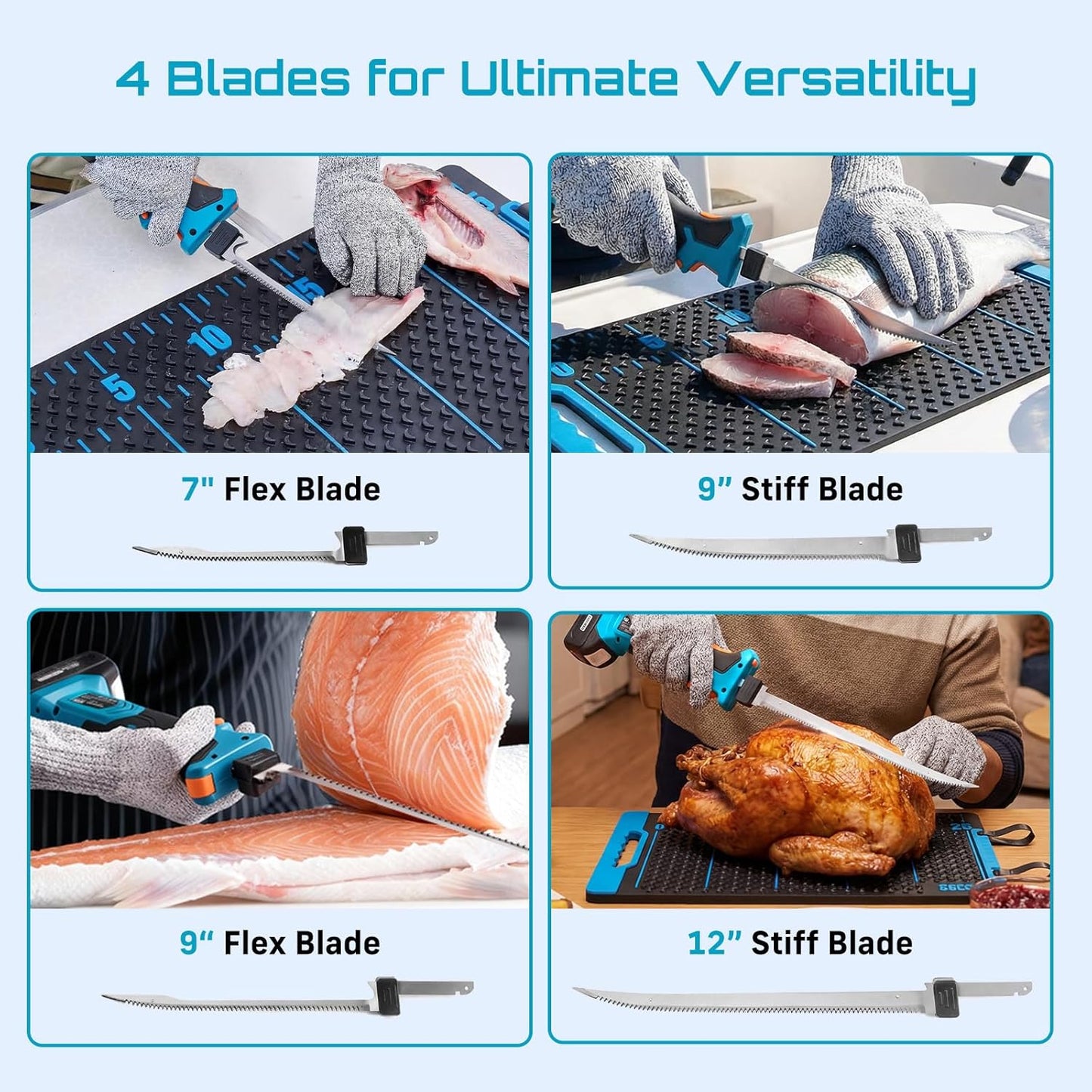Cordless Electric Fillet Knife with 4 Blades, 100 Mins High Speed Filet Knife for Fish, Ergonomic Non-Slip Grip, Safty Lock, Carry Bag Kit for Filleting and Meat Slicing