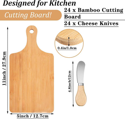 24 Pcs Bamboo Cutting Board Set with 24 Pcs Cheese Knives, 11" x 5" Individual Charcuterie Boards, Blank Laser Engraving Boards & Butter Knives Bulk Set, Perfect for Kitchen, Gifts, Home Decor