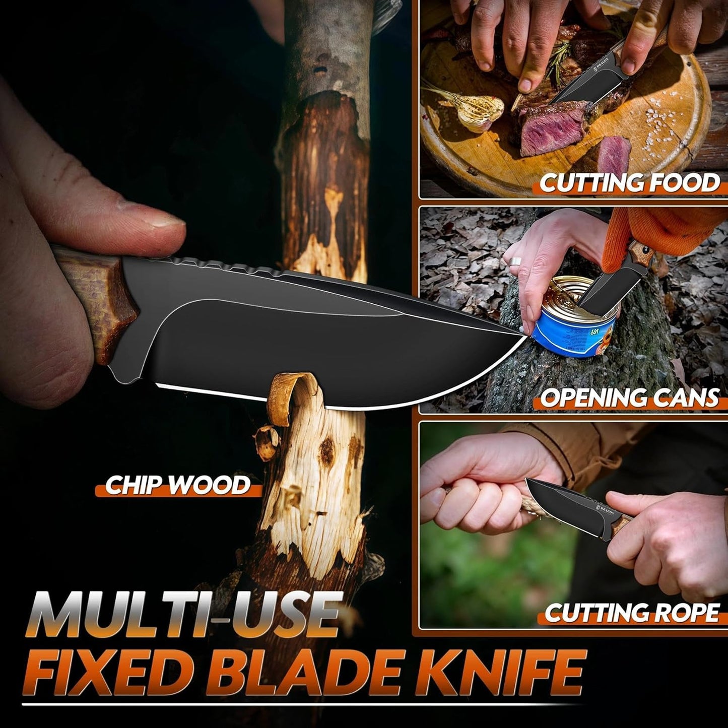 Fixed Blade Knife - Full Tang Handle Black