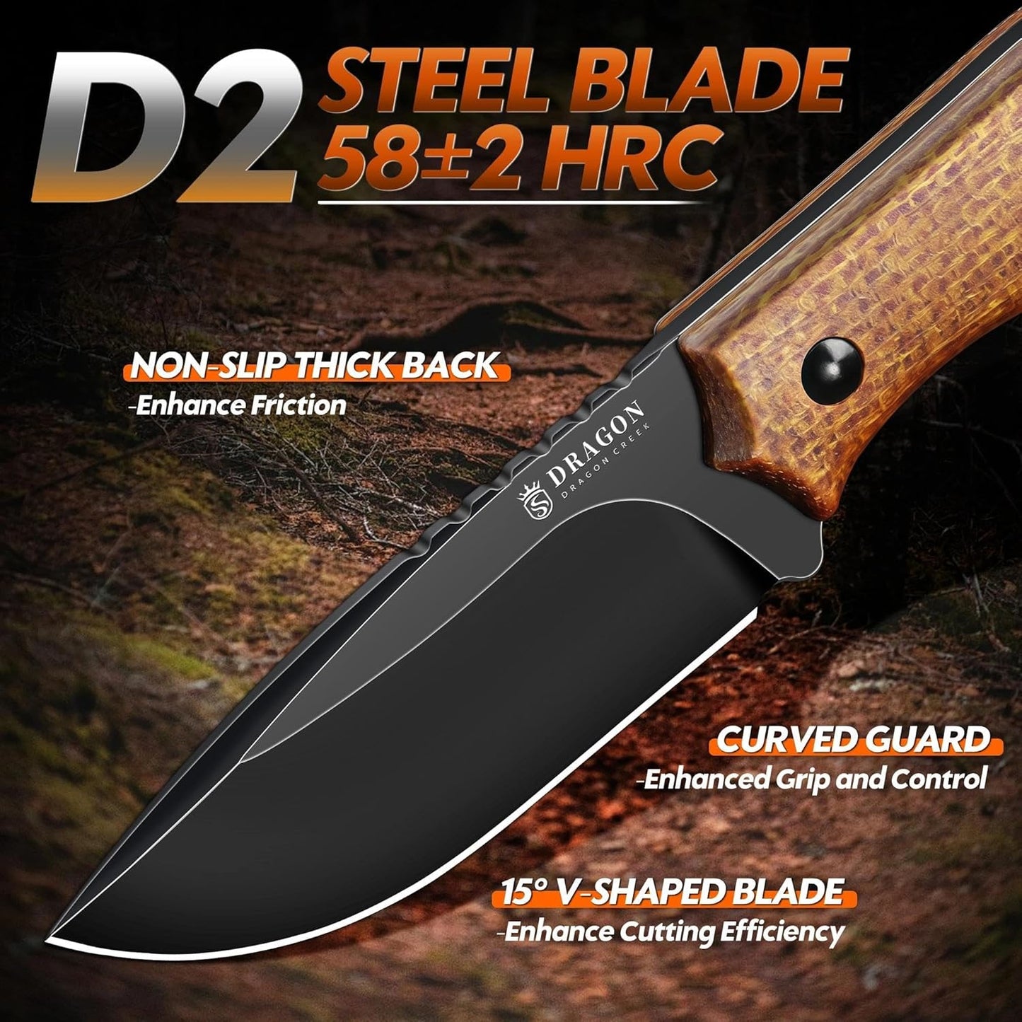 Fixed Blade Knife - Full Tang Handle Black
