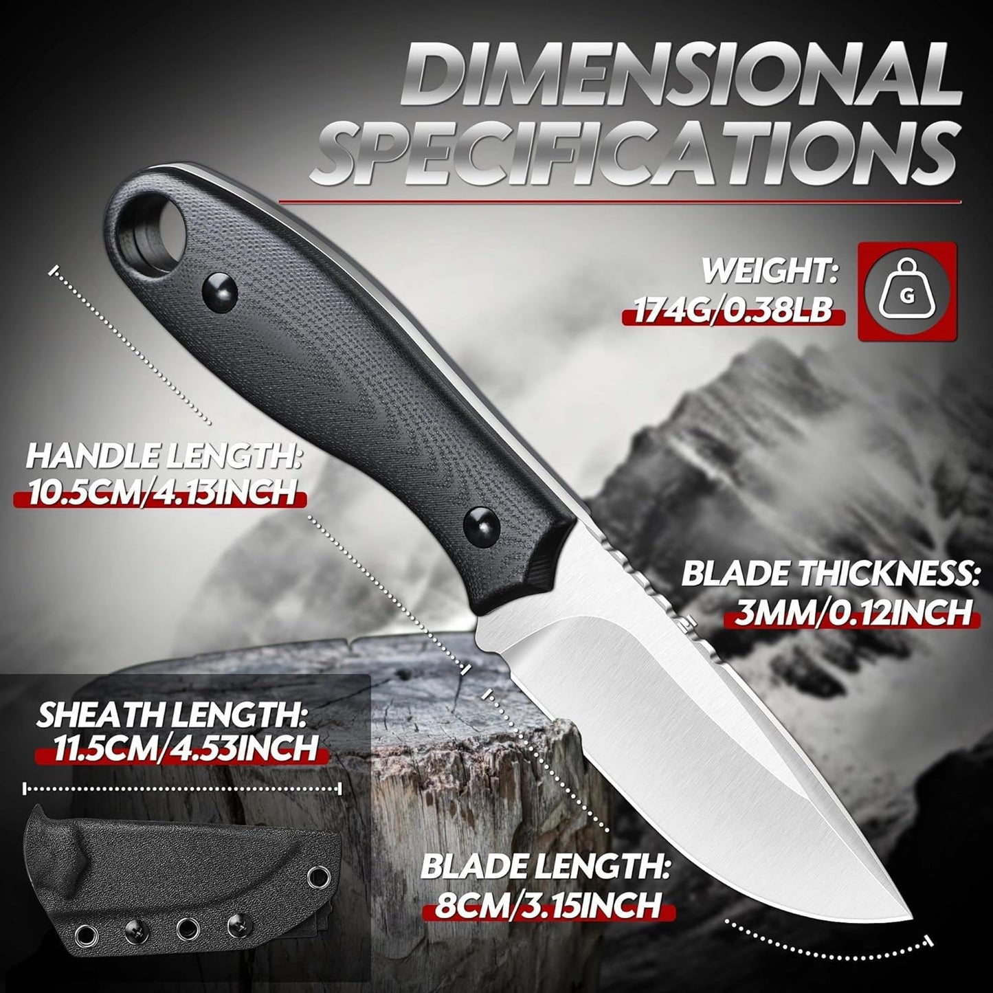 Fixed Blade Knife - Full Tang Handle Black