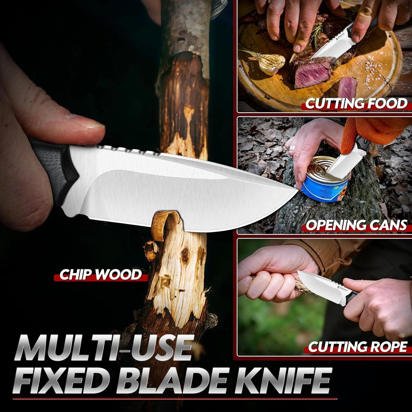 Fixed Blade Knife - Full Tang Handle Black