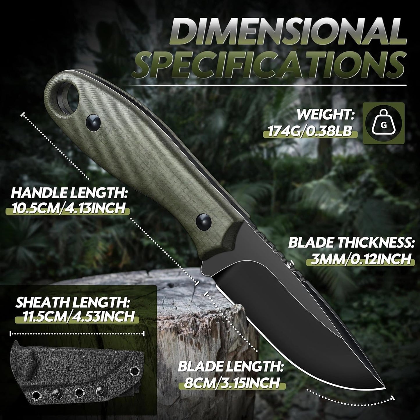 Fixed Blade Knife - Full Tang Handle Black