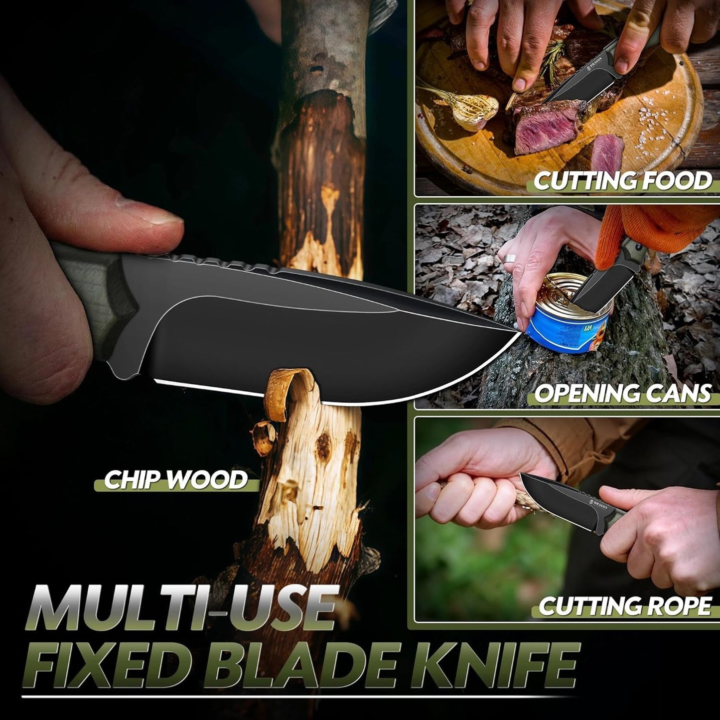 Fixed Blade Knife - Full Tang Handle Black