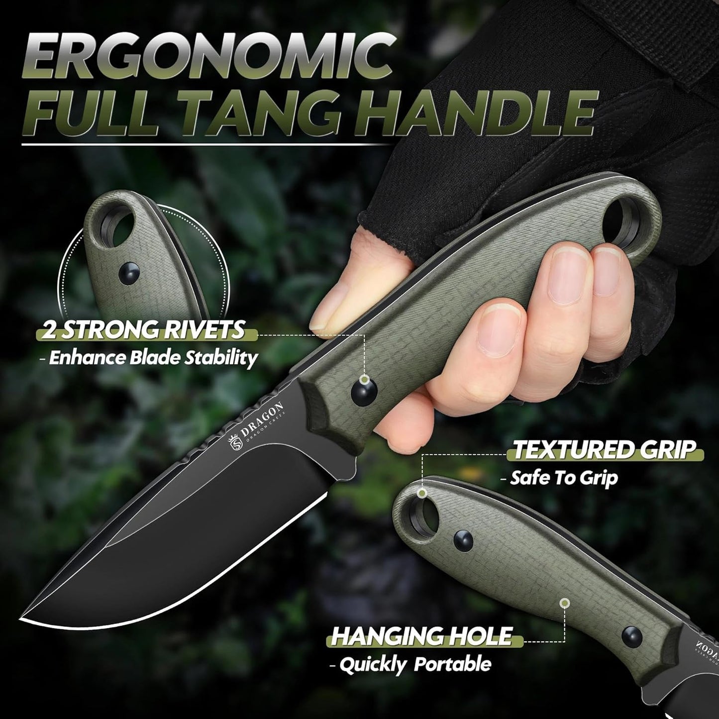 Fixed Blade Knife - Full Tang Handle Black