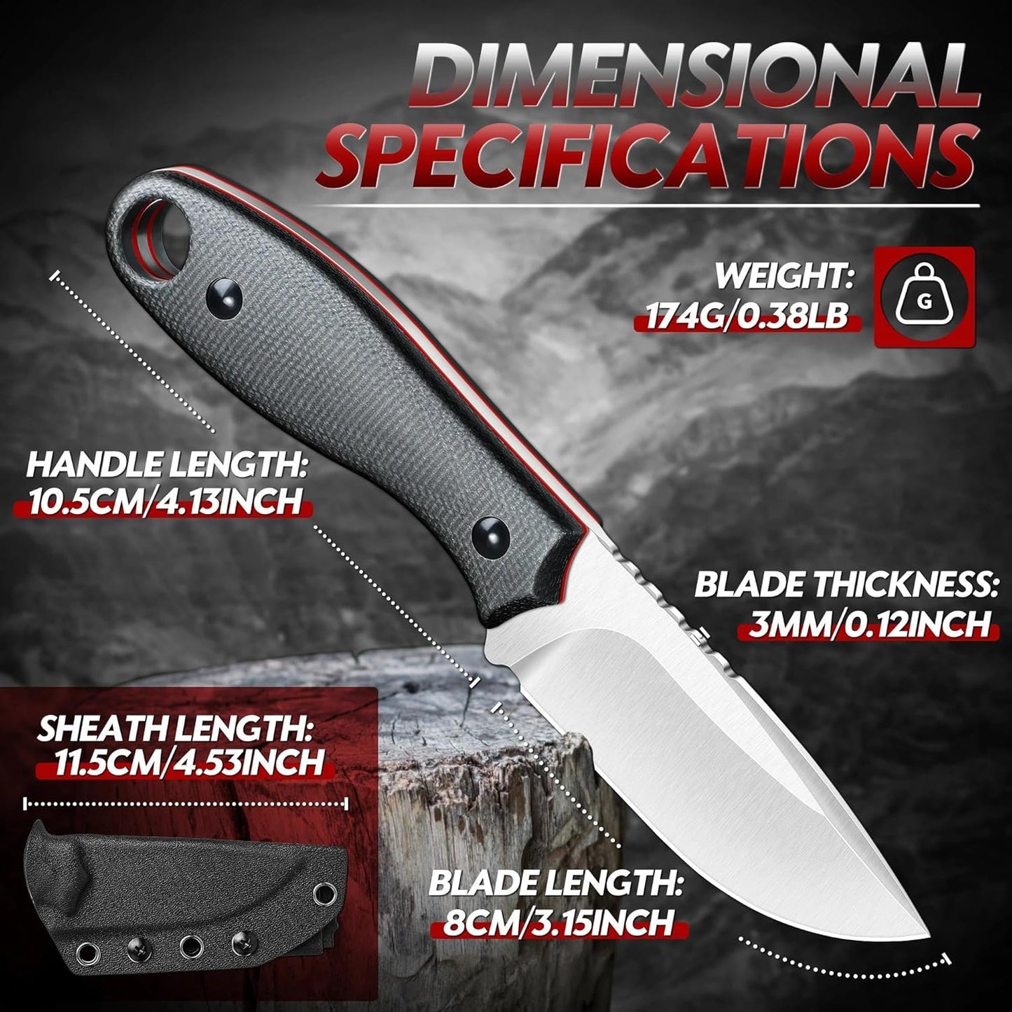 Fixed Blade Knife - Full Tang Handle Black
