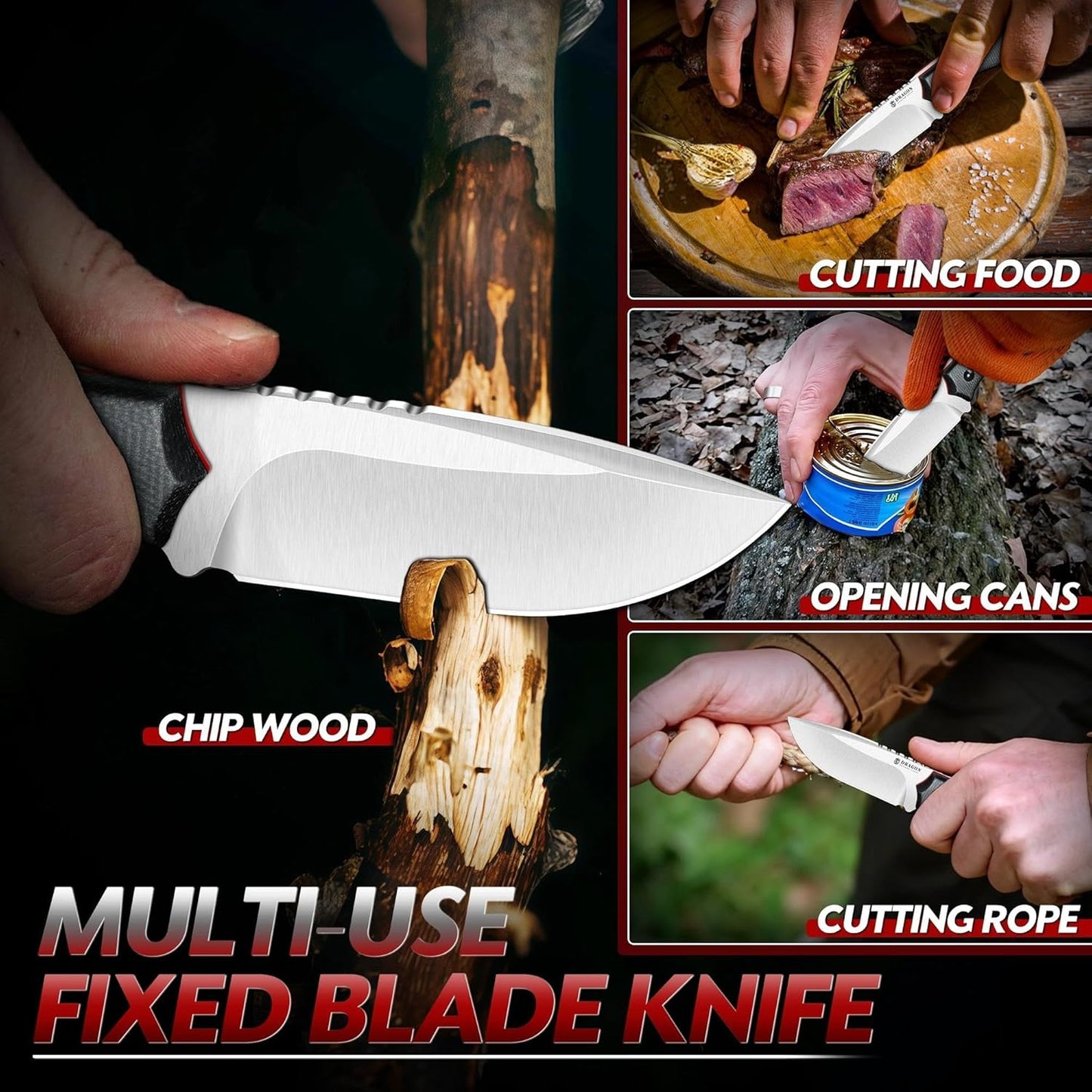 Fixed Blade Knife - Full Tang Handle Black