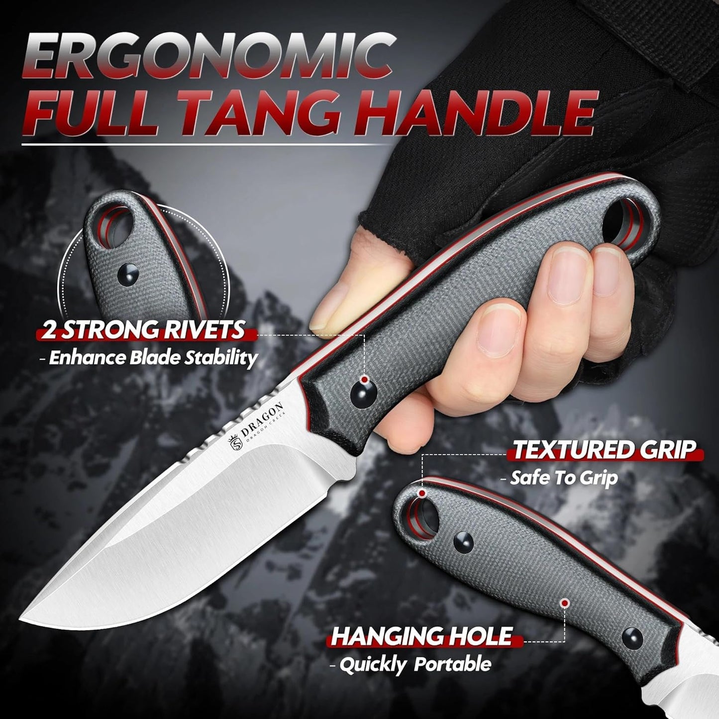 Fixed Blade Knife - Full Tang Handle Black