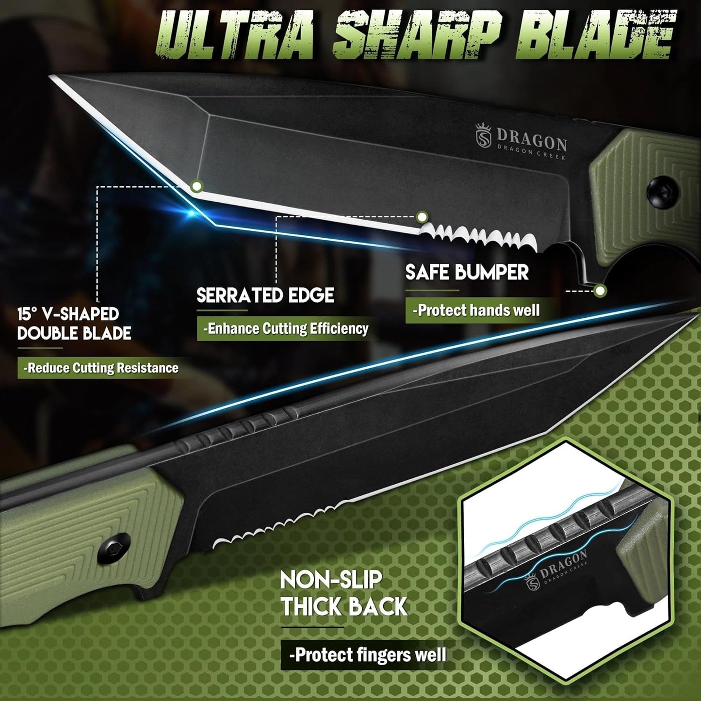 Fixed Blade Knife - Full Tang Handle Black