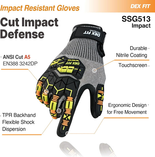 SSG513 Impact Stainless Steel Cut Resistant Gloves, ANSI A5, Durable Non-Slip Nitrile Grip, Touchscreen, Comfort Stretchy Fit, Thin & Breathable, Machine Washable; Gray L (9), 1 Pair
