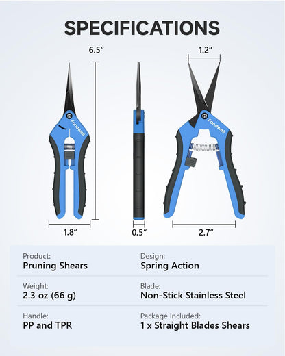 6.5" Precision Pruning Shears for Gardening Bud Trimming Scissors | 1-Pack Garden Snips, Ultra-Sharp Non-Stick Straight Blades, Fatigue-Free - Best for Delicate Cutting Flower Stems Herbs Buds