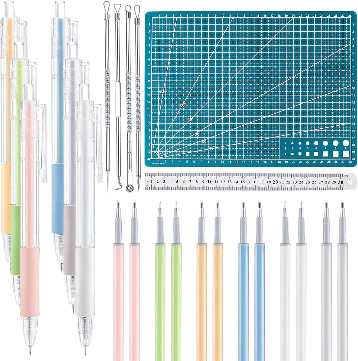 24 Pcs Craft Knife Pen Set, 6 Craft Knives with 12 Refills, Double Sided Cut Mat, 4 Weeding Art Tools, Art Cutting Tools Kit for DIY Scrapbooking Hobby Project Home Office(Green)