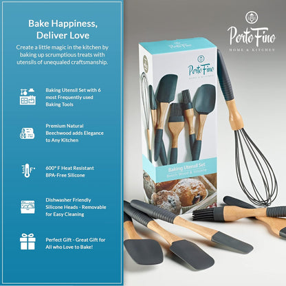 PortoFino Baking Utensils Set 6 Pieces, Baking Essentials, Set of 3 Spatulas, 2 Pastry Brushes, 1 Whisk, Baking Tools, Spatulas Silicone Heat Resistant, Silicone Cooking Utensils, Kitchen Gifts, Grey
