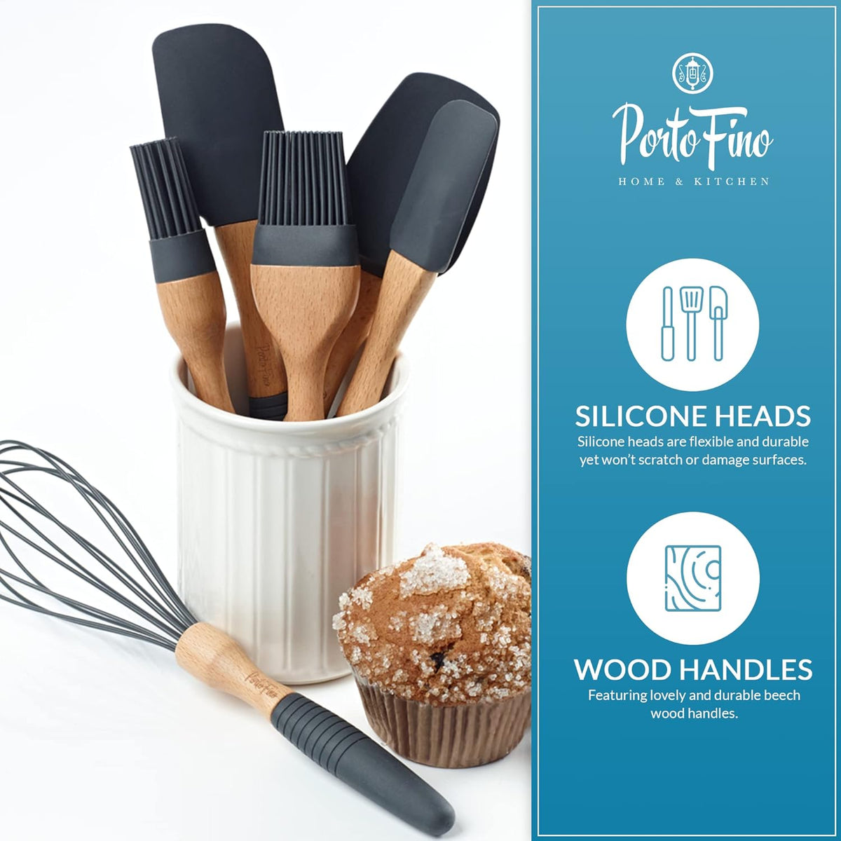 PortoFino Baking Utensils Set 6 Pieces, Baking Essentials, Set of 3 Spatulas, 2 Pastry Brushes, 1 Whisk, Baking Tools, Spatulas Silicone Heat Resistant, Silicone Cooking Utensils, Kitchen Gifts, Grey