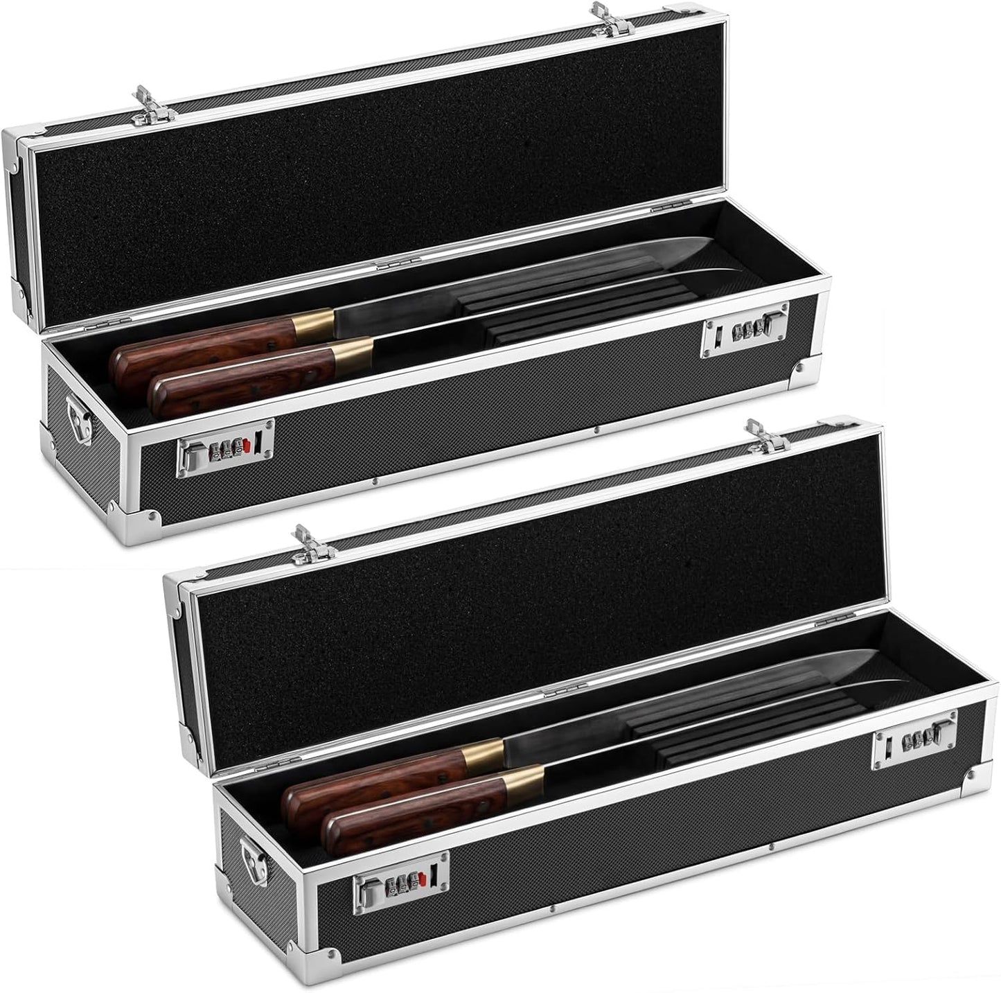 2 Pcs Chef's Knife Cases Aluminum Hard Shell with Double Combination Lock and Compartments Storage Box Portable Organizer with 8 Knife Slots for Cooking Classes