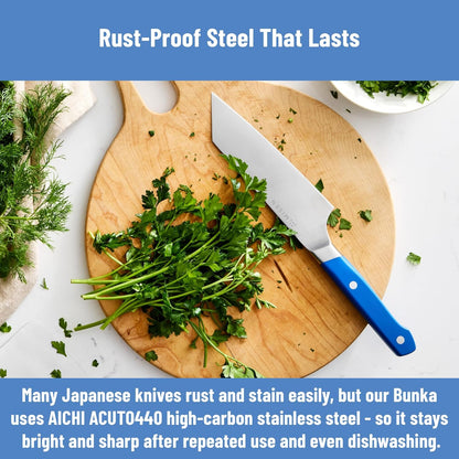 6-Inch Bunka Knife – AICHI ACUTO440 High-Carbon Stainless Steel, Rust-Proof Kitchen Utility with Triangular Tip, Ergonomic Handle - Versatile for Veggies, Meat and More - Blue