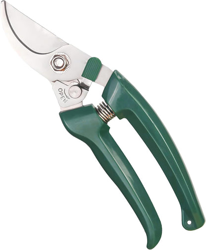 Non-Slip Garden Pruning Shears Automatic Rebound Ergonomic Grafting Flower Snips 3CR13 Steel Durable Carbon Steel with Long Lever for Easy Use Enhanced Spring Curved Blade Safety Lock Herb Scissors