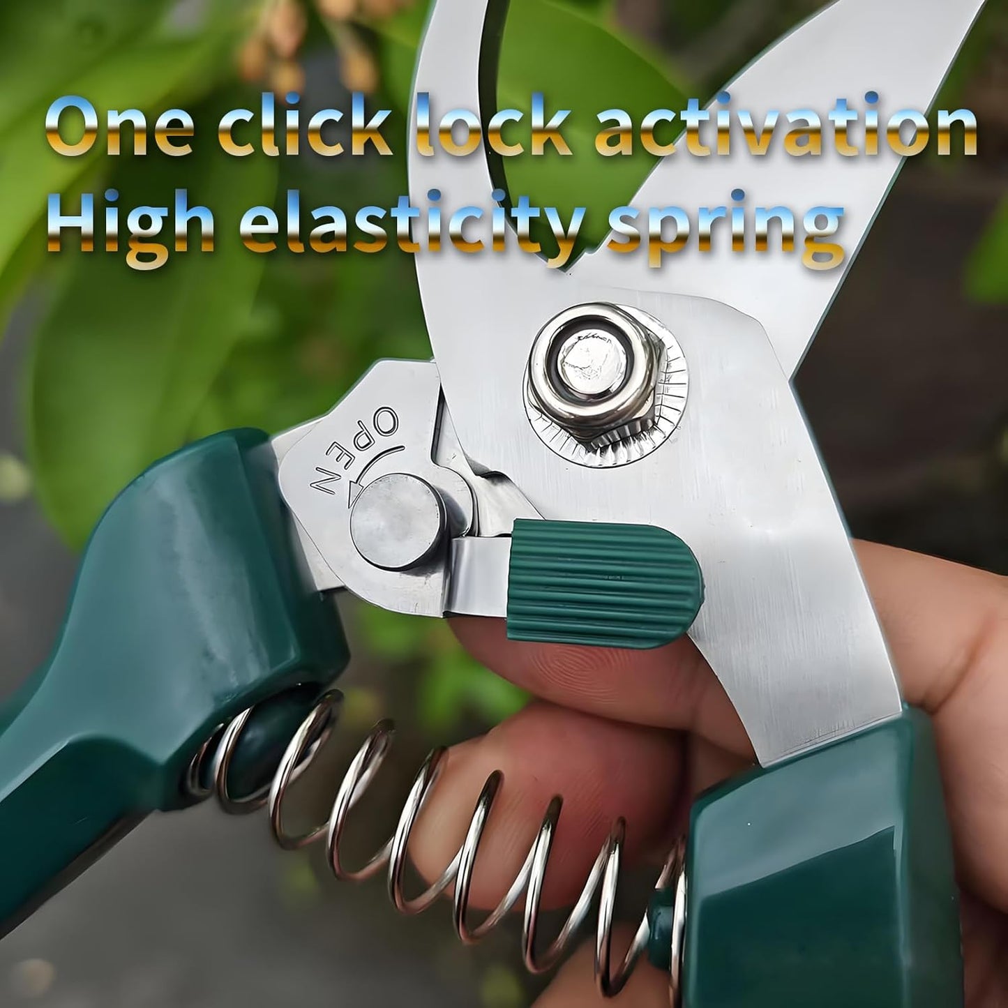 Non-Slip Garden Pruning Shears Automatic Rebound Ergonomic Grafting Flower Snips 3CR13 Steel Durable Carbon Steel with Long Lever for Easy Use Enhanced Spring Curved Blade Safety Lock Herb Scissors