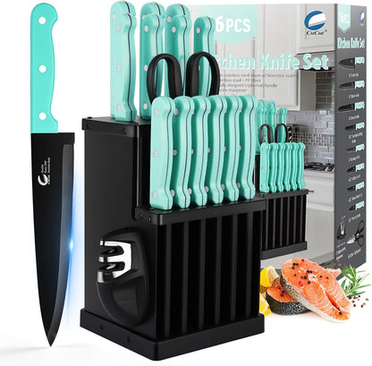 16-Piece Kitchen Knife Set with Block - High Carbon Stainless Steel Knives, Black Non-Stick Coating, Triple Riveted Forged Turquoise Handle, Dishwasher Safe, Includes Knife Sharpener, Scissors