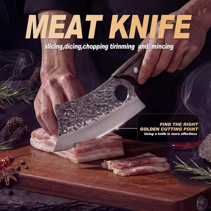Butcher Knife, Hand Forged Serbian Chef Knife & Meat Cleaver & Viking Knife, Food Cutting Kitchen Knife for Home, Outdoor Cooking, Camping BBQ Gift for Men